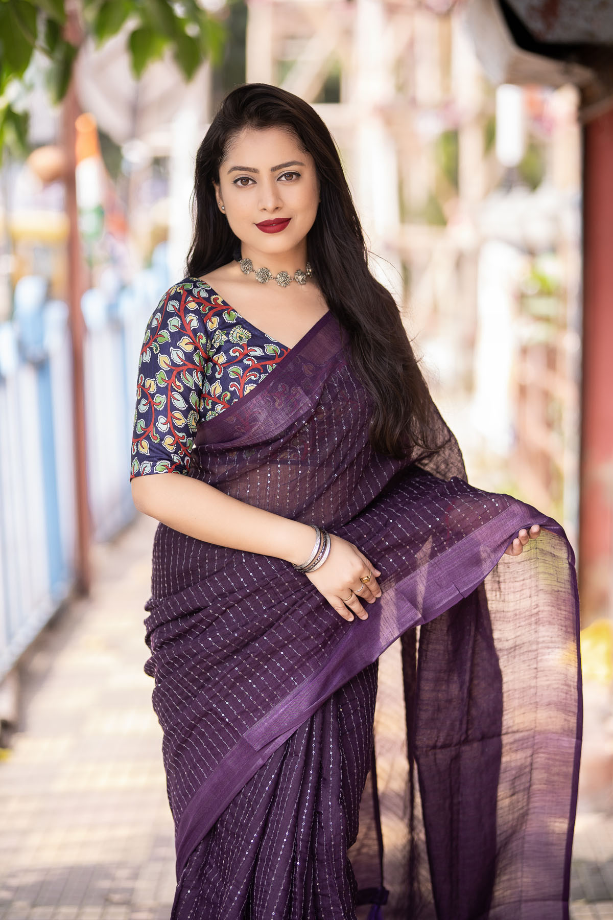 Pure Linen saree with sequence embroidery work -Purple