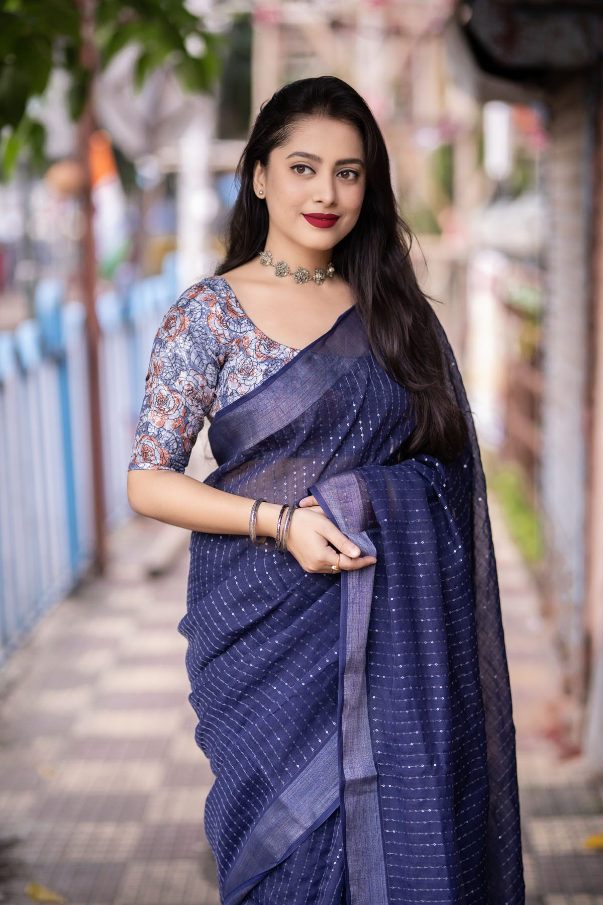 Pure Linen saree with sequence embroidery work -Blue