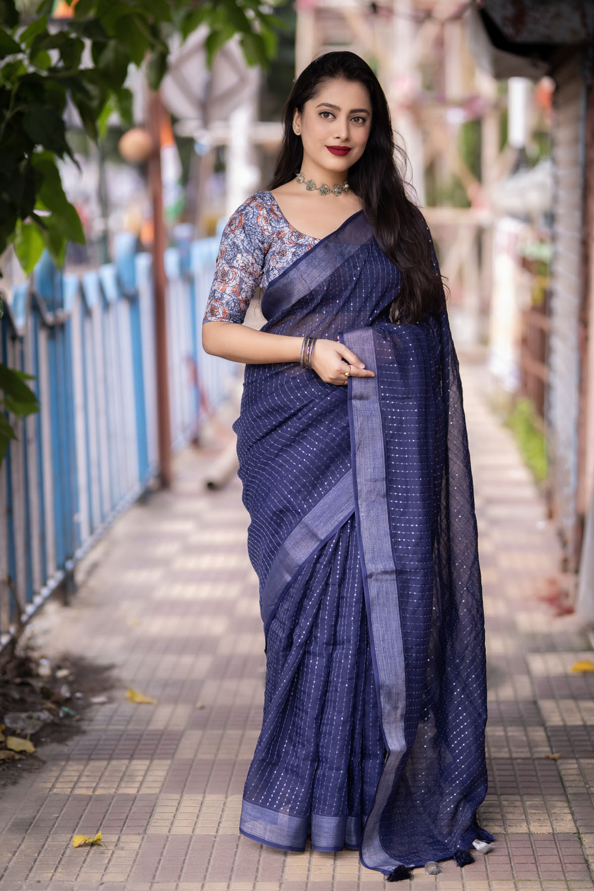 Pure Linen saree with sequence embroidery work -Blue