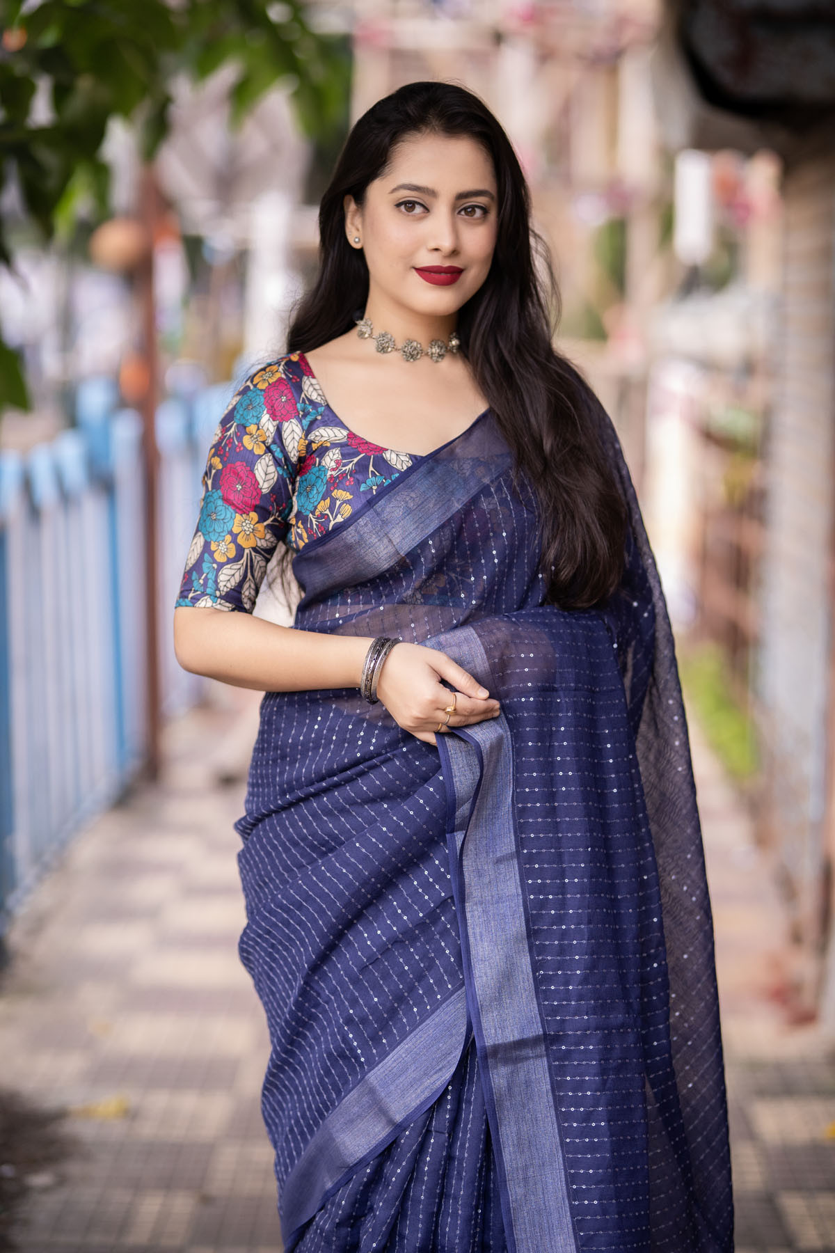 Pure Linen saree with sequence embroidery work -Blue 