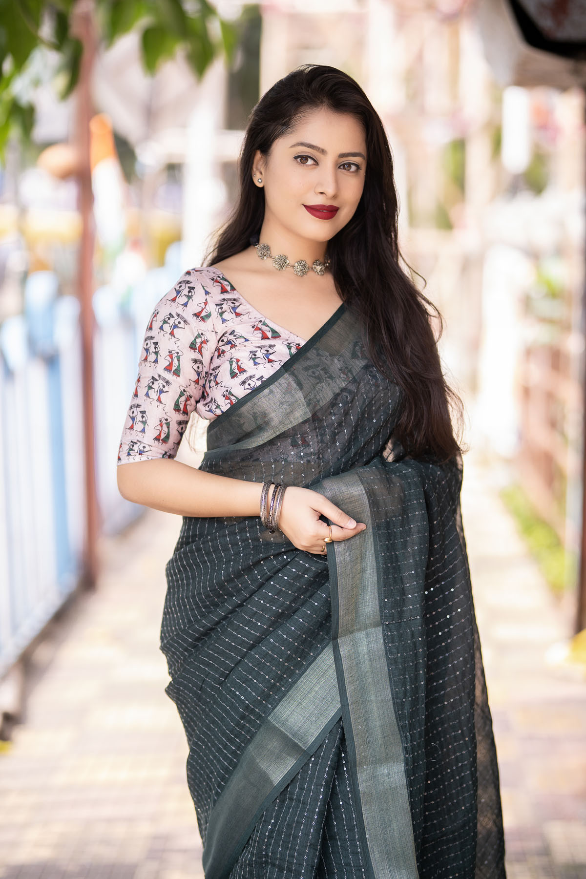 Pure Linen saree with sequence embroidery work -Green 