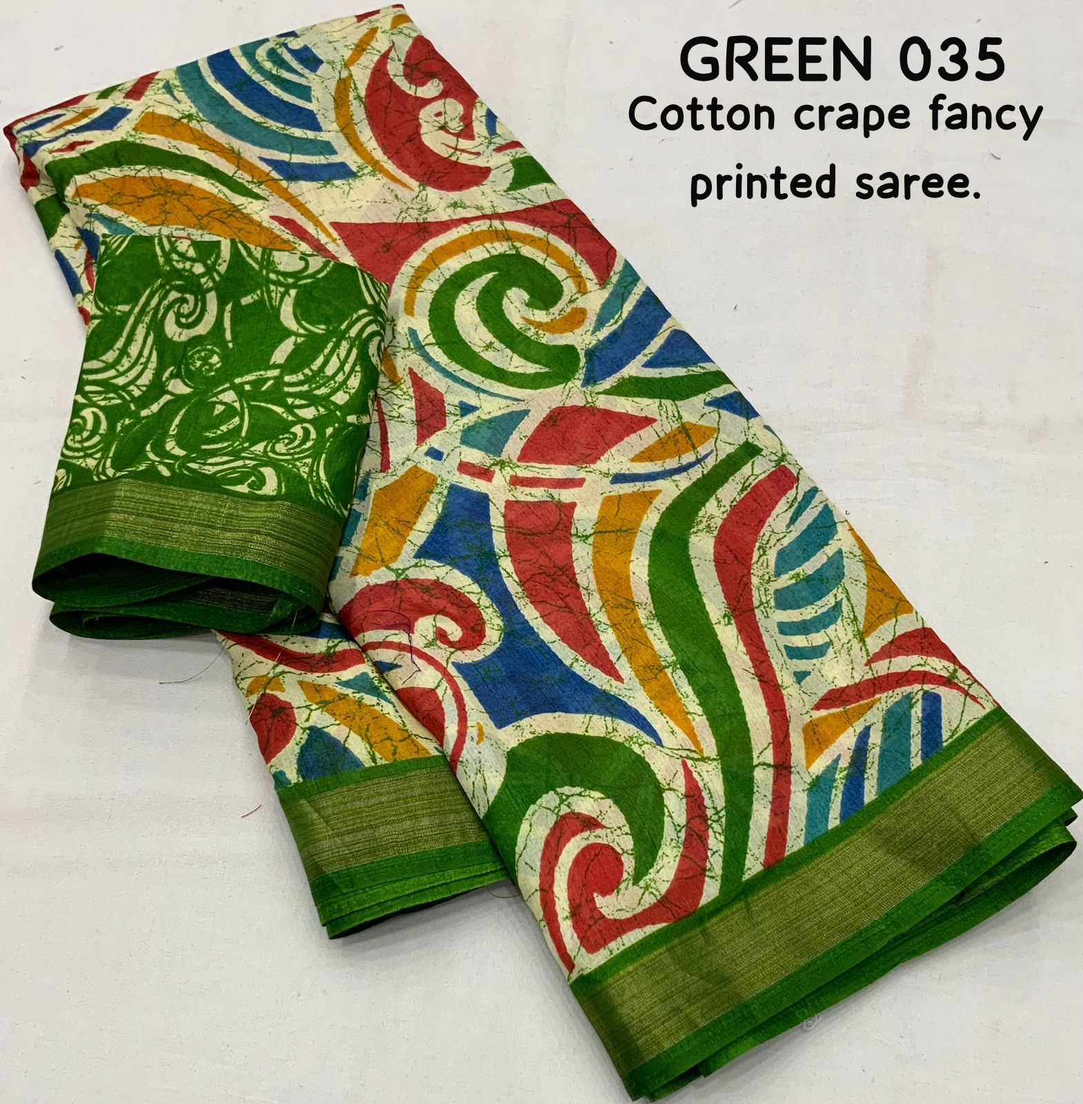 Soft cotton crape batik printed saree - Green