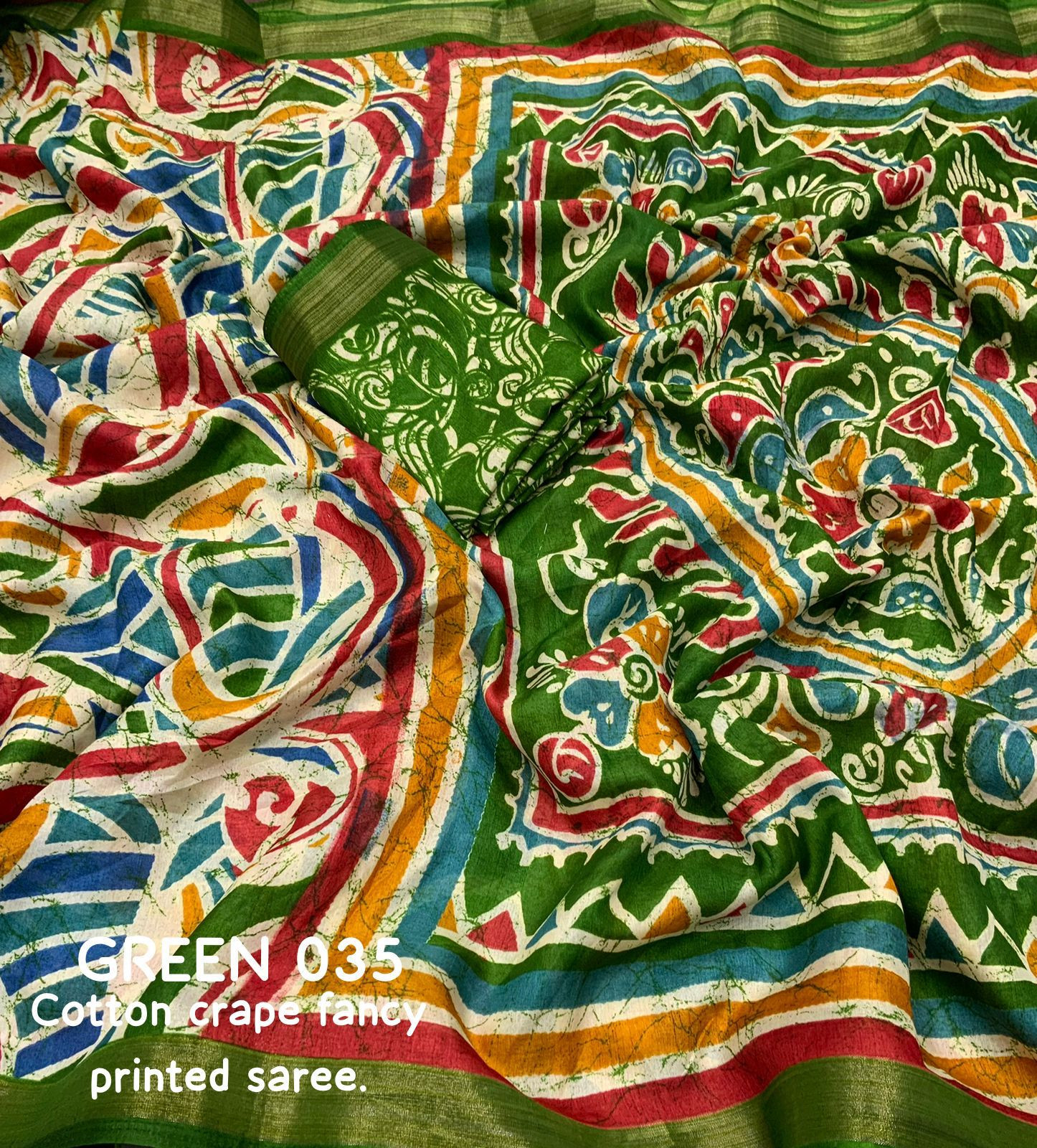 Soft cotton crape batik printed saree - Green