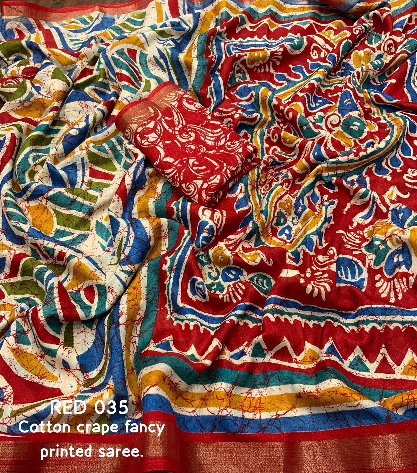 Soft cotton crape batik printed saree - Red