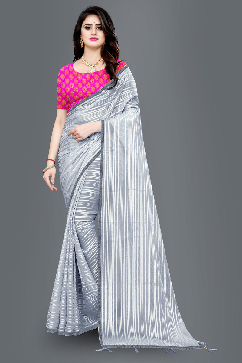 Aaritra Fashion Weightless satin stripped saree - Grey