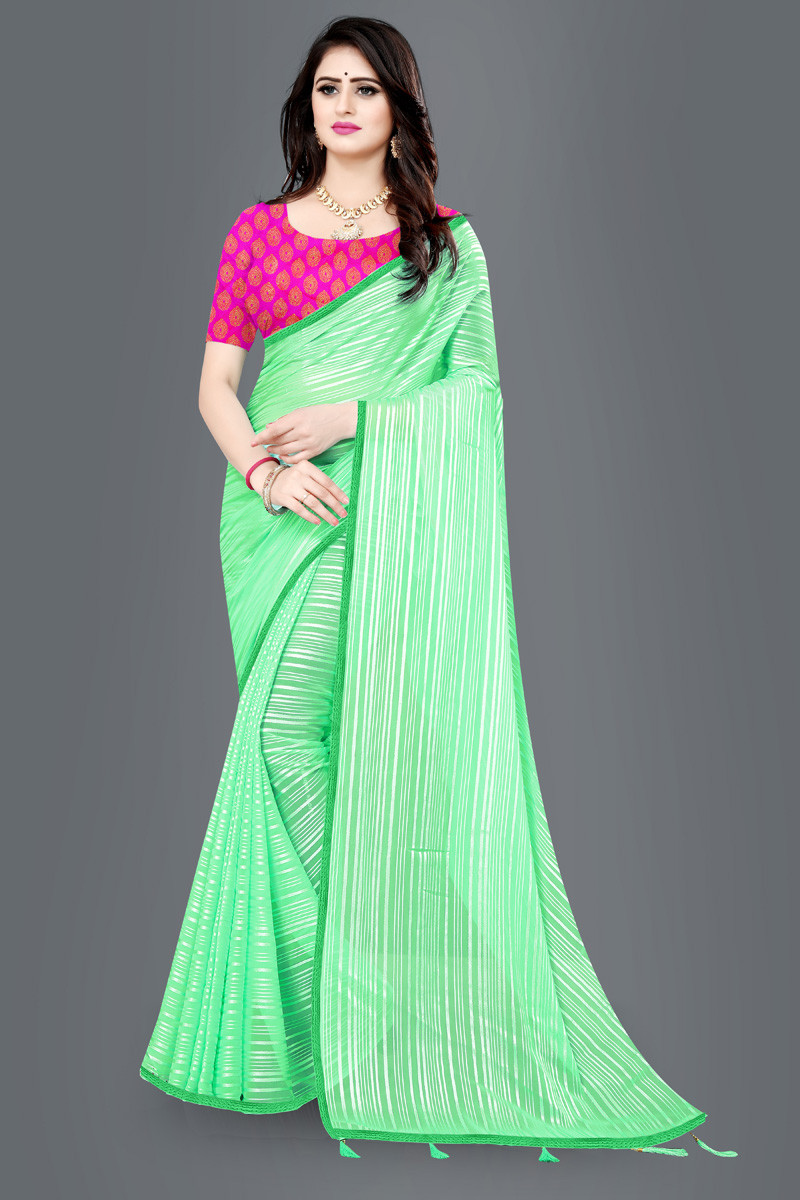 Aaritra Fashion Weightless satin stripped saree - Green