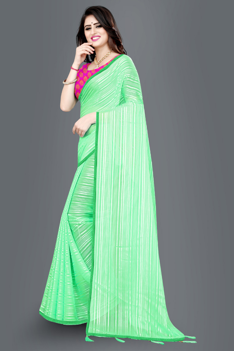 Aaritra Fashion Weightless satin stripped saree - Green