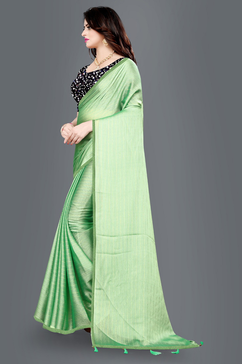 Aaritra Fashion Rainbow Moss chiffon stripped zari saree - Green