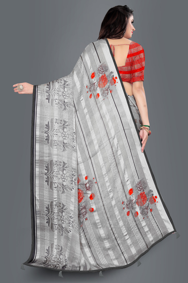 Aaritra Fashion Brasso-Satin patta Floral printed saree  - Grey