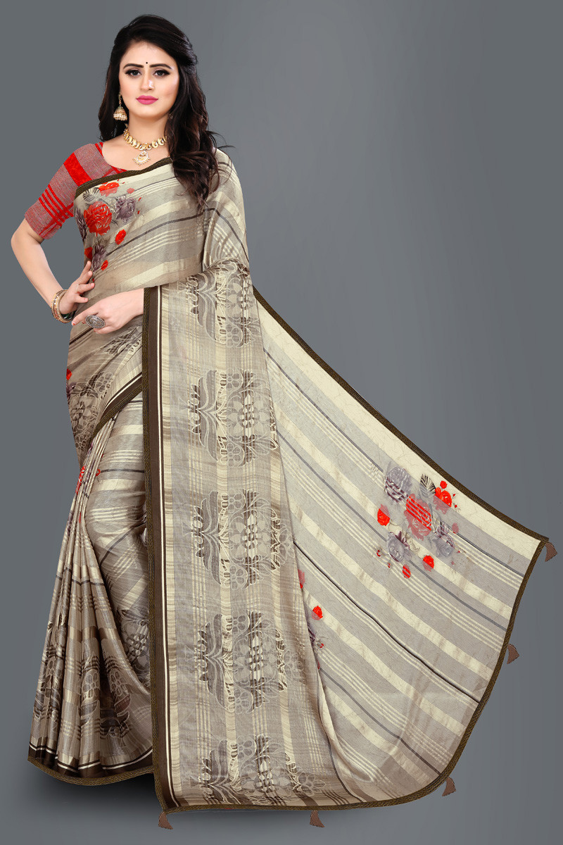 Aaritra Fashion Brasso-Satin patta Floral printed saree  - Brown