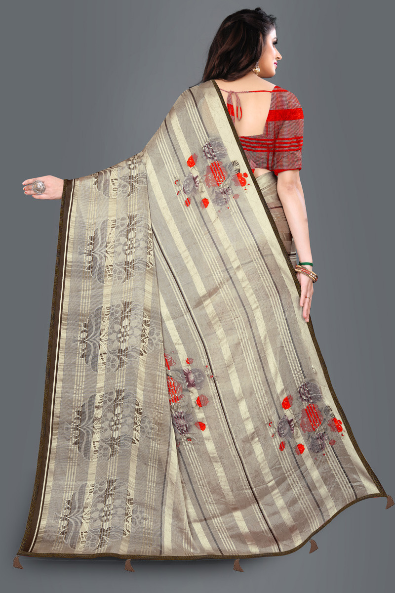 Aaritra Fashion Brasso-Satin patta Floral printed saree-Greenish Brown