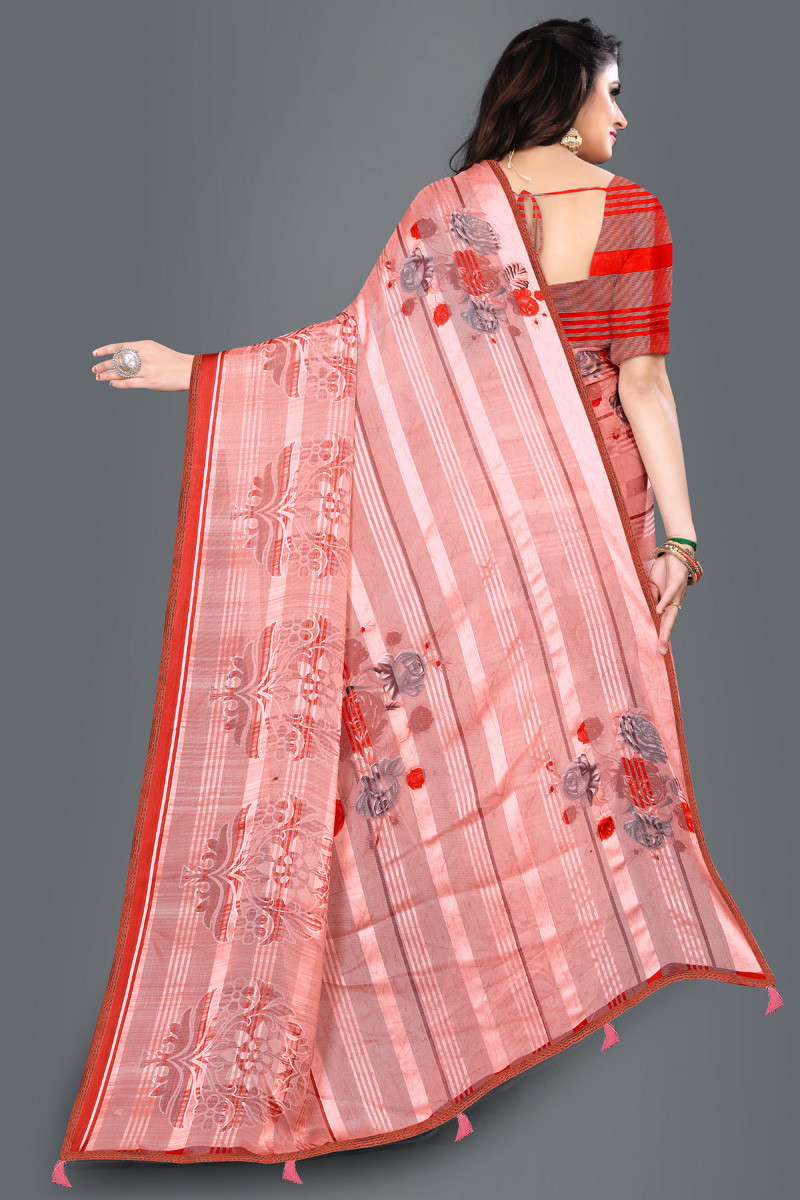 Aaritra Fashion Brasso-Satin patta Floral printed saree - Red