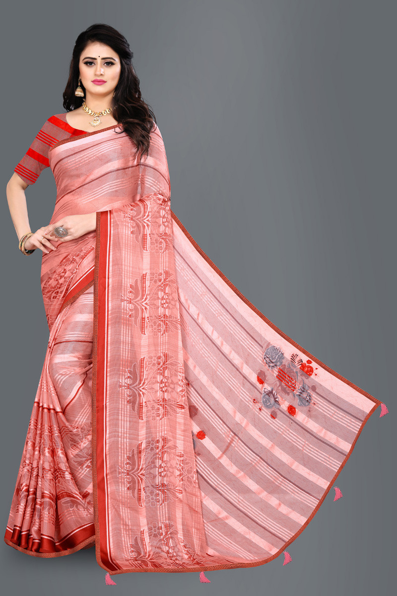 Aaritra Fashion Brasso-Satin patta Floral printed saree - Red