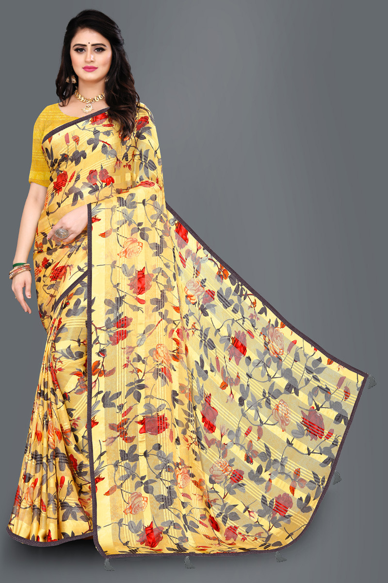 Aaritra Fashion Brasso-Satin patta Floral printed saree - Yellow