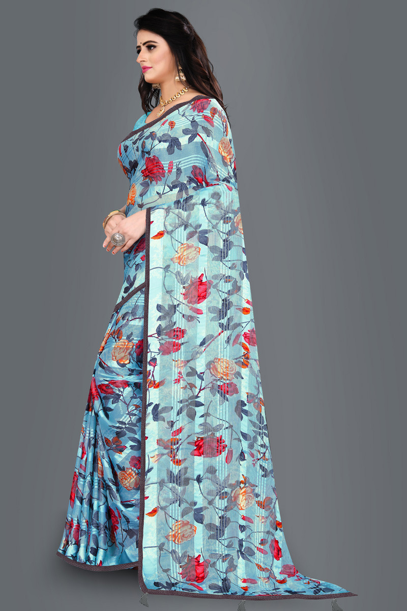 Aaritra Fashion Brasso-Satin patta Floral printed saree - Blue