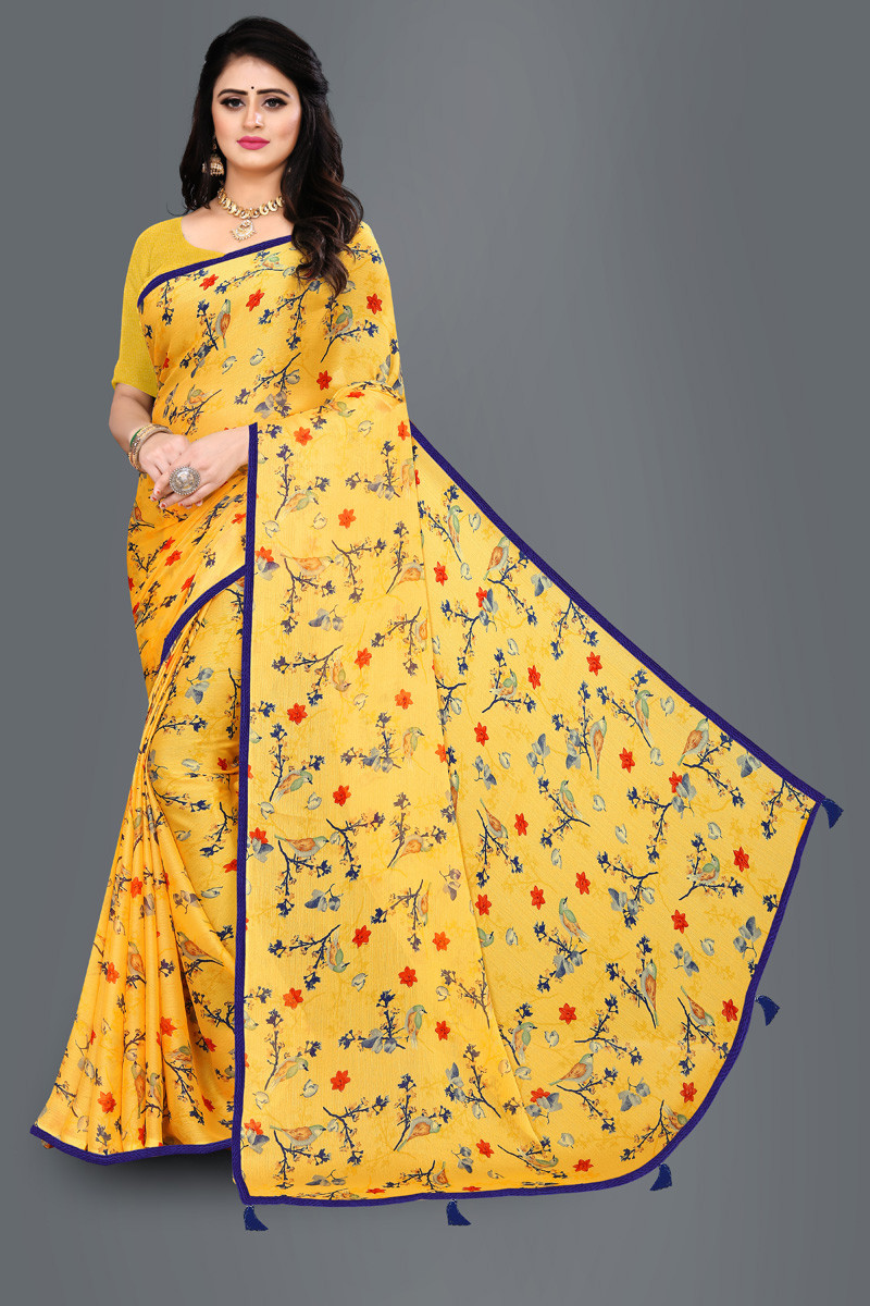 Aaritra Fashion Moss Chiffon Floral printed saree - Yellow