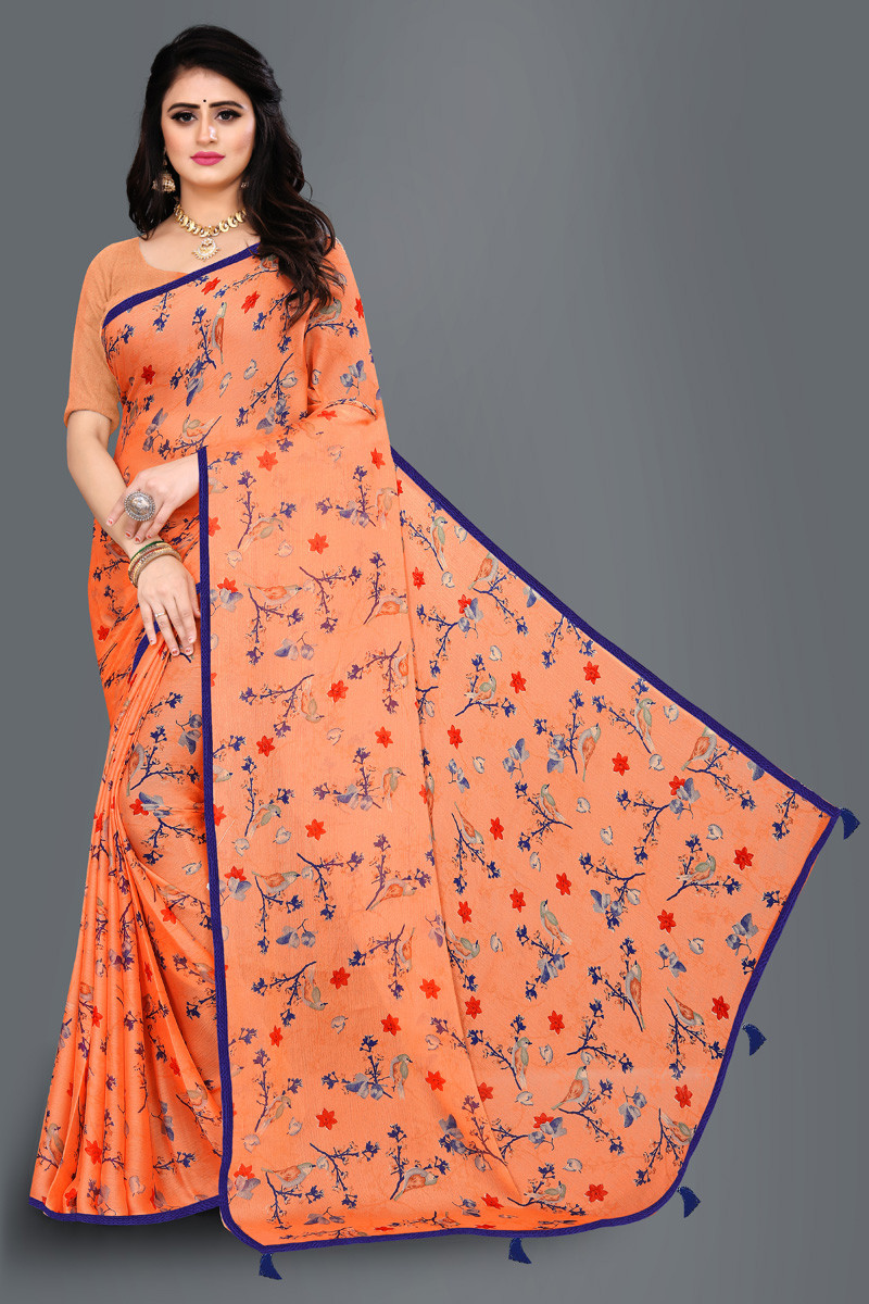 Aaritra Fashion Moss Chiffon Floral printed saree - Peach