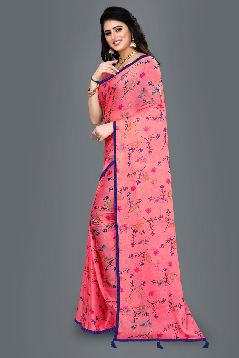 Aaritra Fashion Moss Chiffon Floral printed saree - Pink