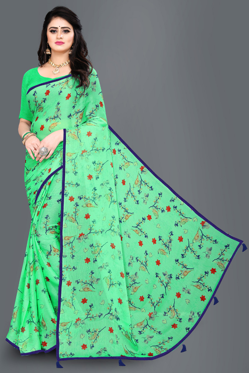Aaritra Fashion Moss Chiffon Floral printed saree - Green