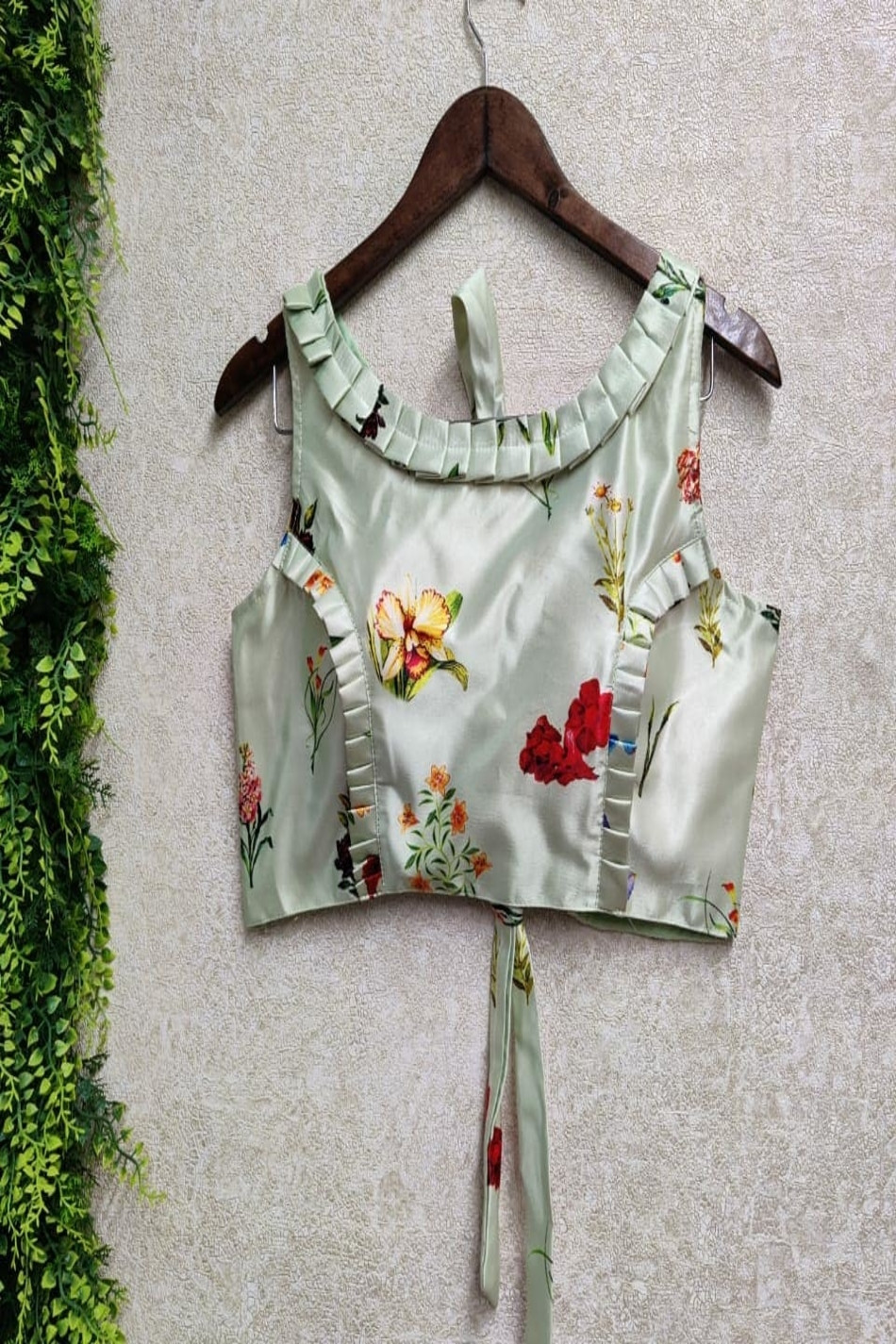 Digital Print Shiny Gota Satin Designer Stitched Blouse - Mint Green