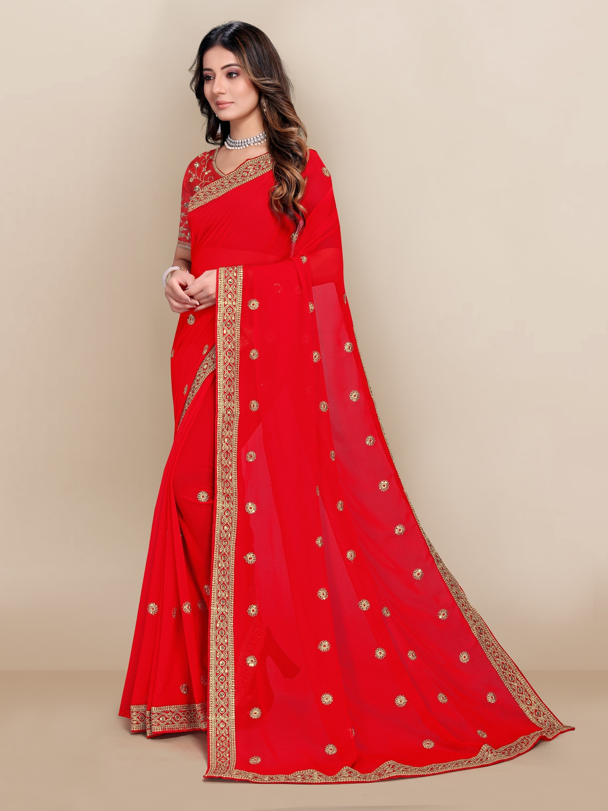 Blooming Georgette Embroidery Saree with lace border - Red