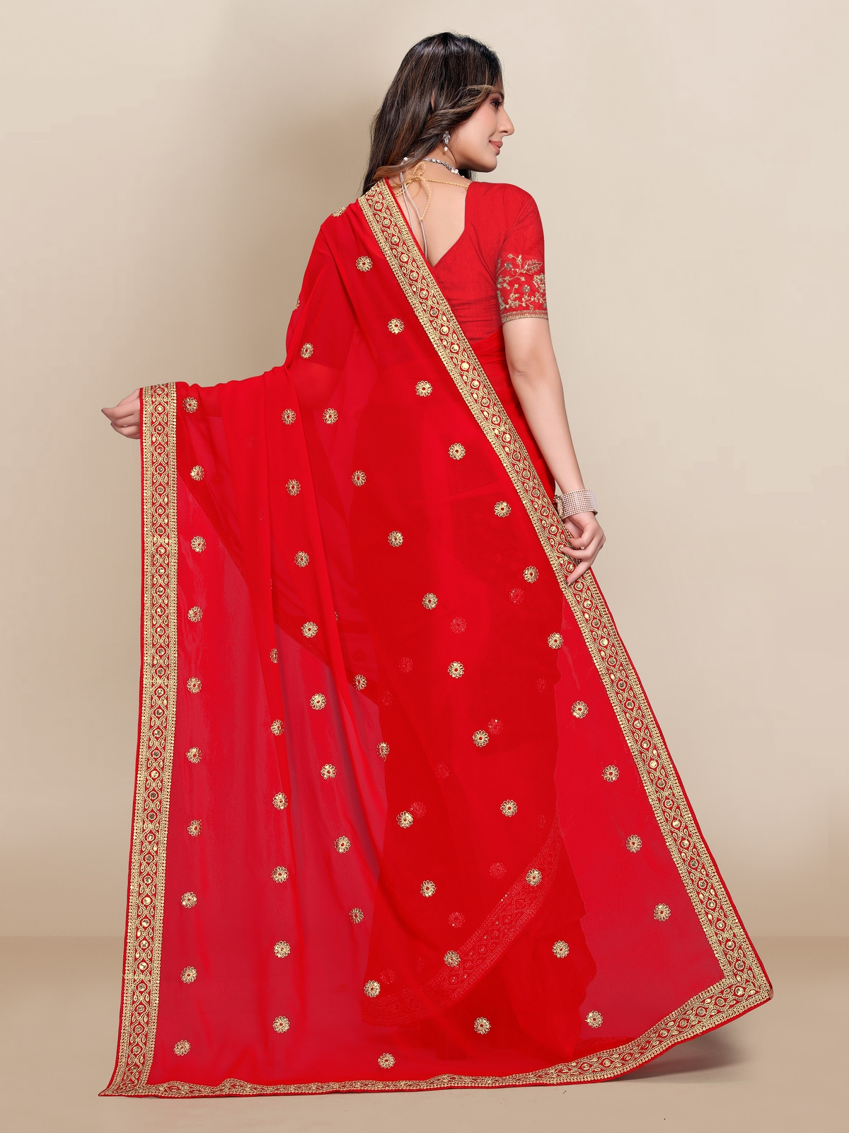 Blooming Georgette Embroidery Saree with lace border - Red