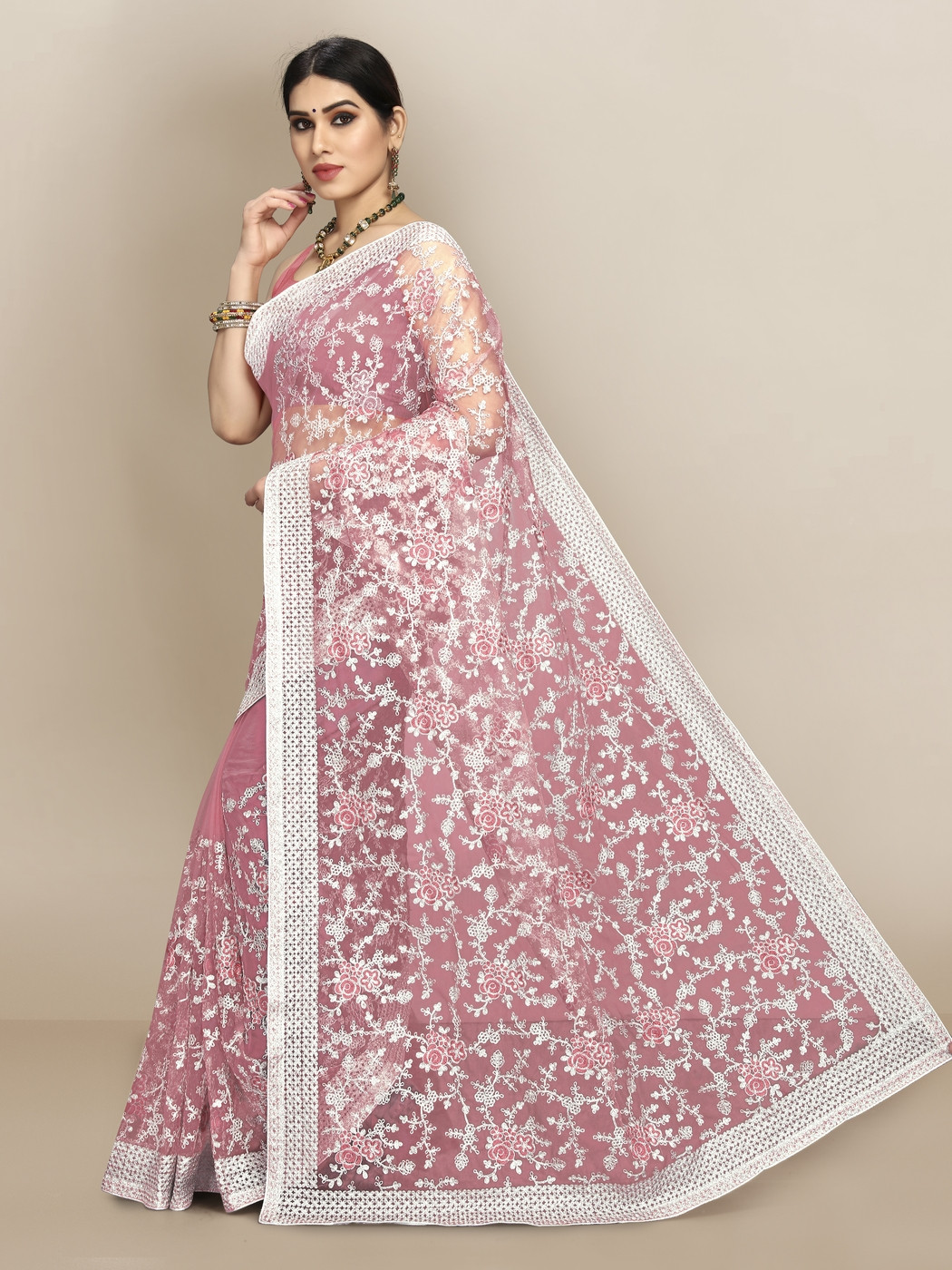 Super Net beautiful Designer Saree with extraordinary embroidery -Pink
