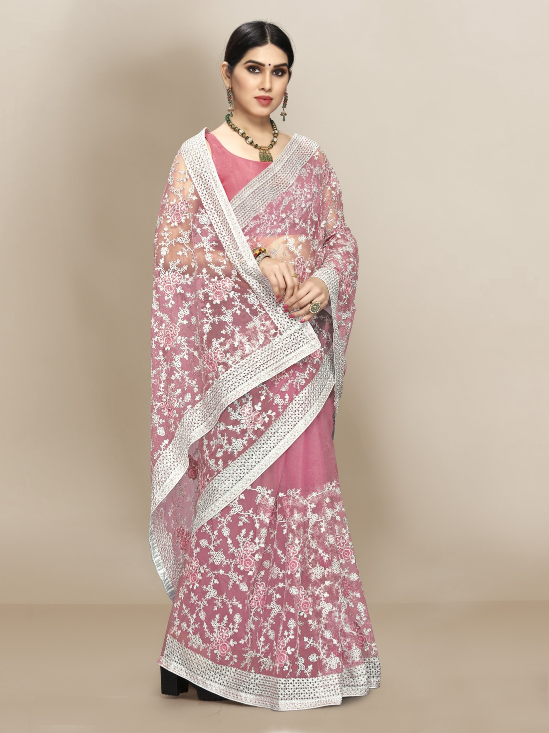 Super Net beautiful Designer Saree with extraordinary embroidery -Pink