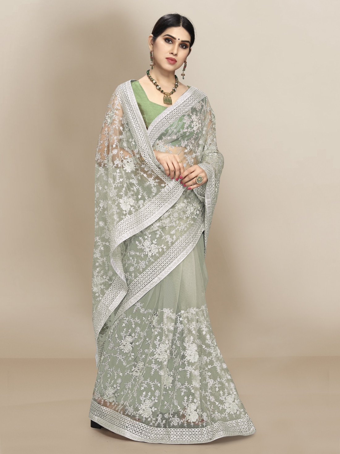 Super Net beautiful Designer Saree with extraordinary embroidery-Green