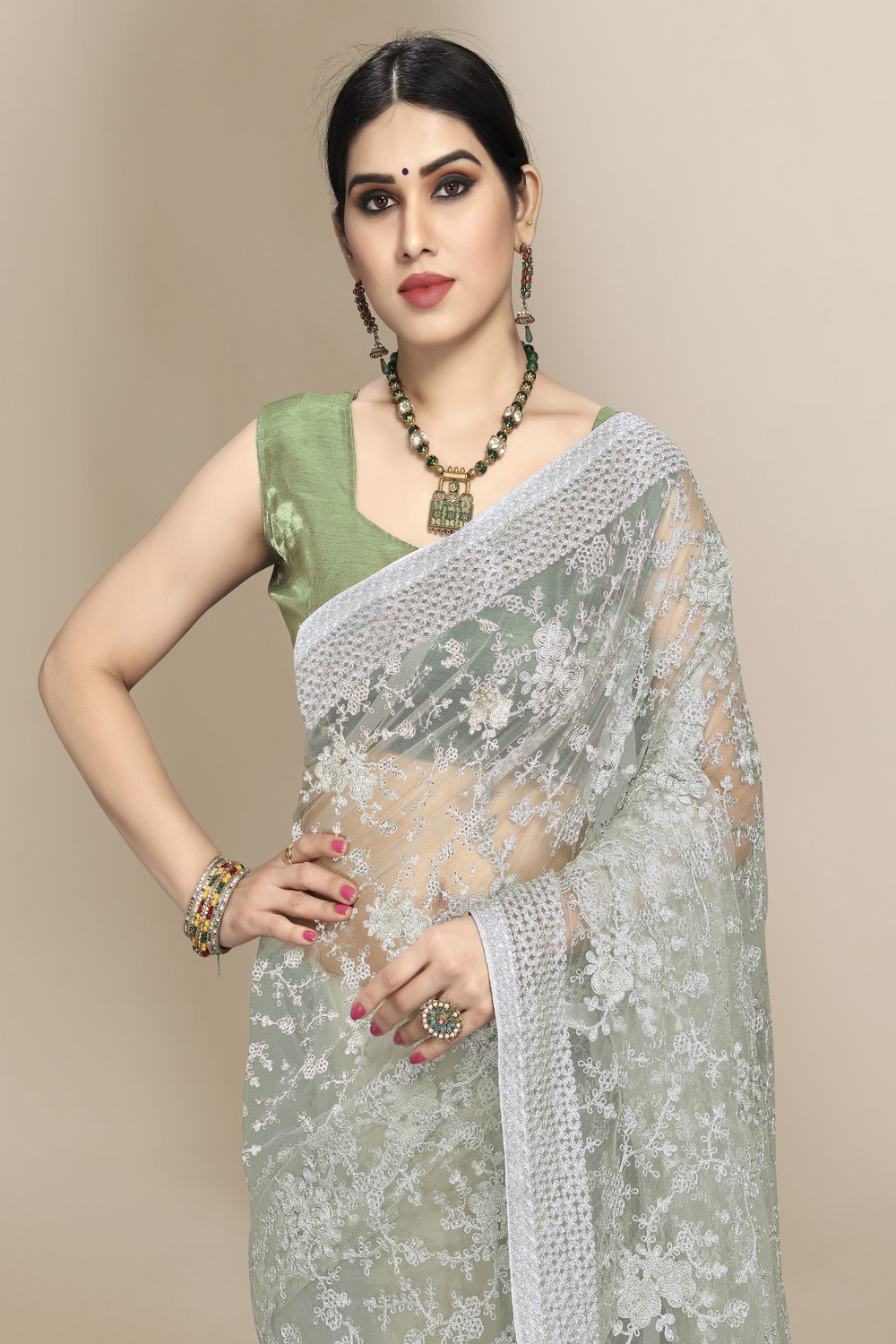 Super Net beautiful Designer Saree with extraordinary embroidery-Green