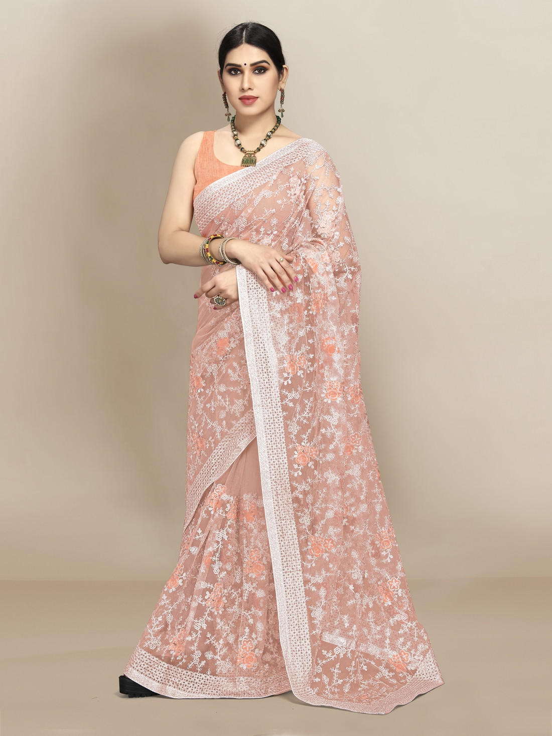 Super Net beautiful Designer Saree with extraordinary embroidery-Peach