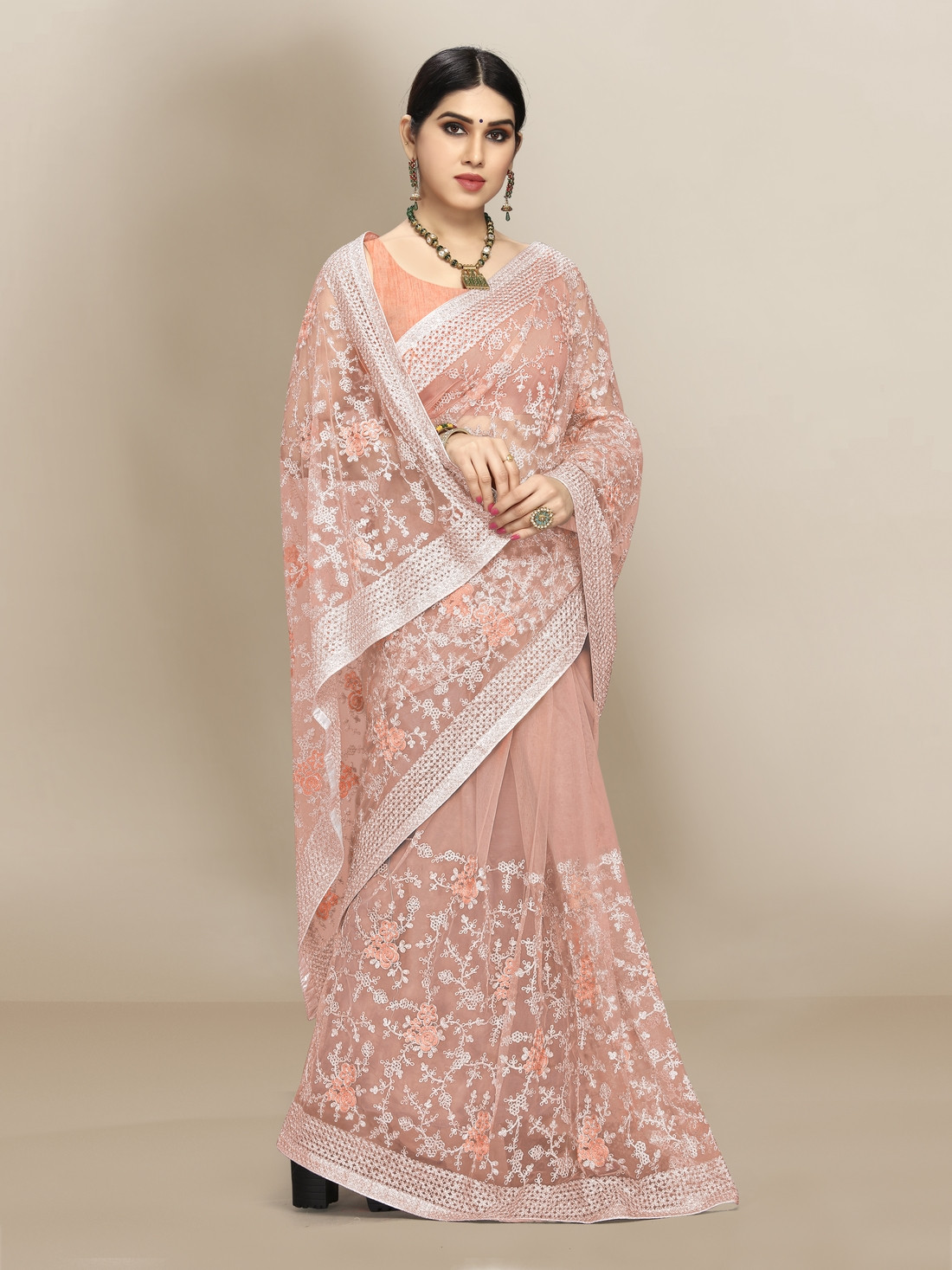Super Net beautiful Designer Saree with extraordinary embroidery-Peach