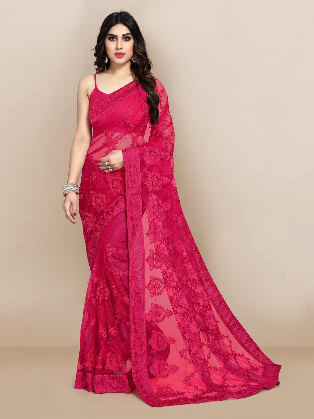 Super Net beautiful Designer embroidery Saree -Dark Pink