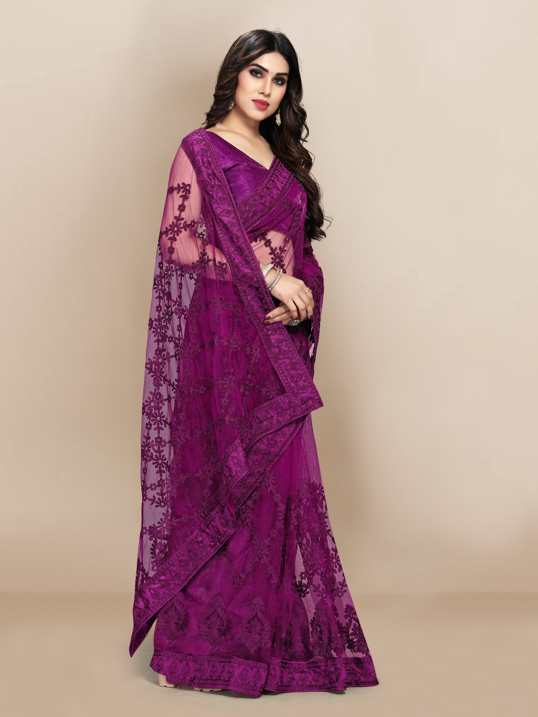 Super Net beautiful Designer embroidery Saree - Purple