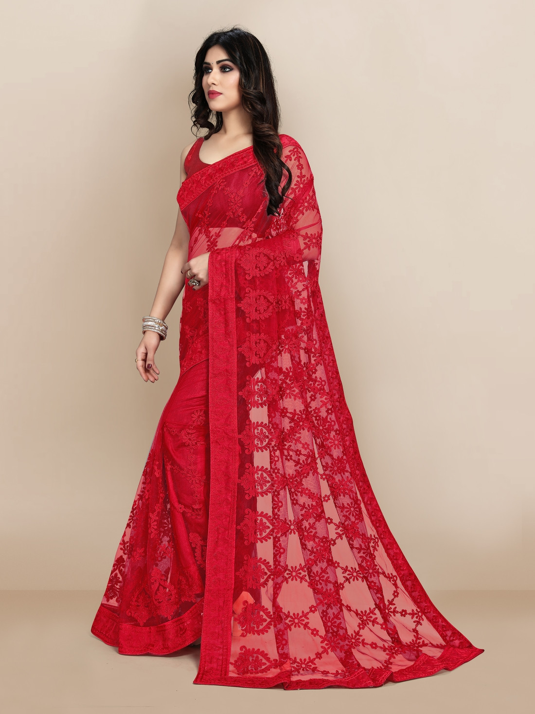 Super Net beautiful Designer embroidery Saree - Red