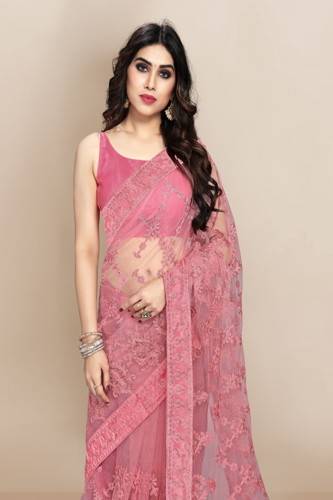 Super Net beautiful Designer embroidery Saree - Pink