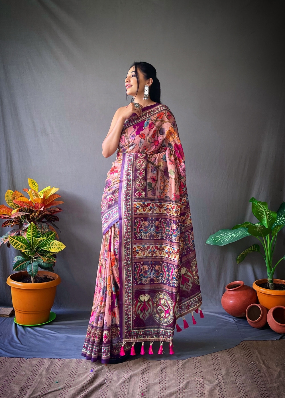 Pure Cotton Kalamkari Digital Printed Saree with Tassels - Pink,Multi 