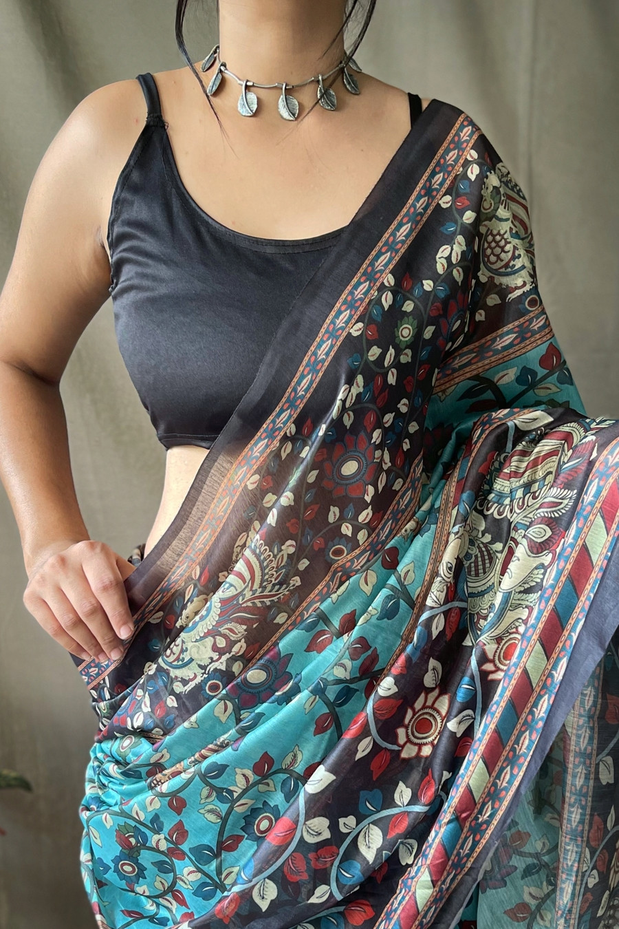 Pure Cotton Kalamkari Digital Printed Saree with Tassels - Blue,Multi 