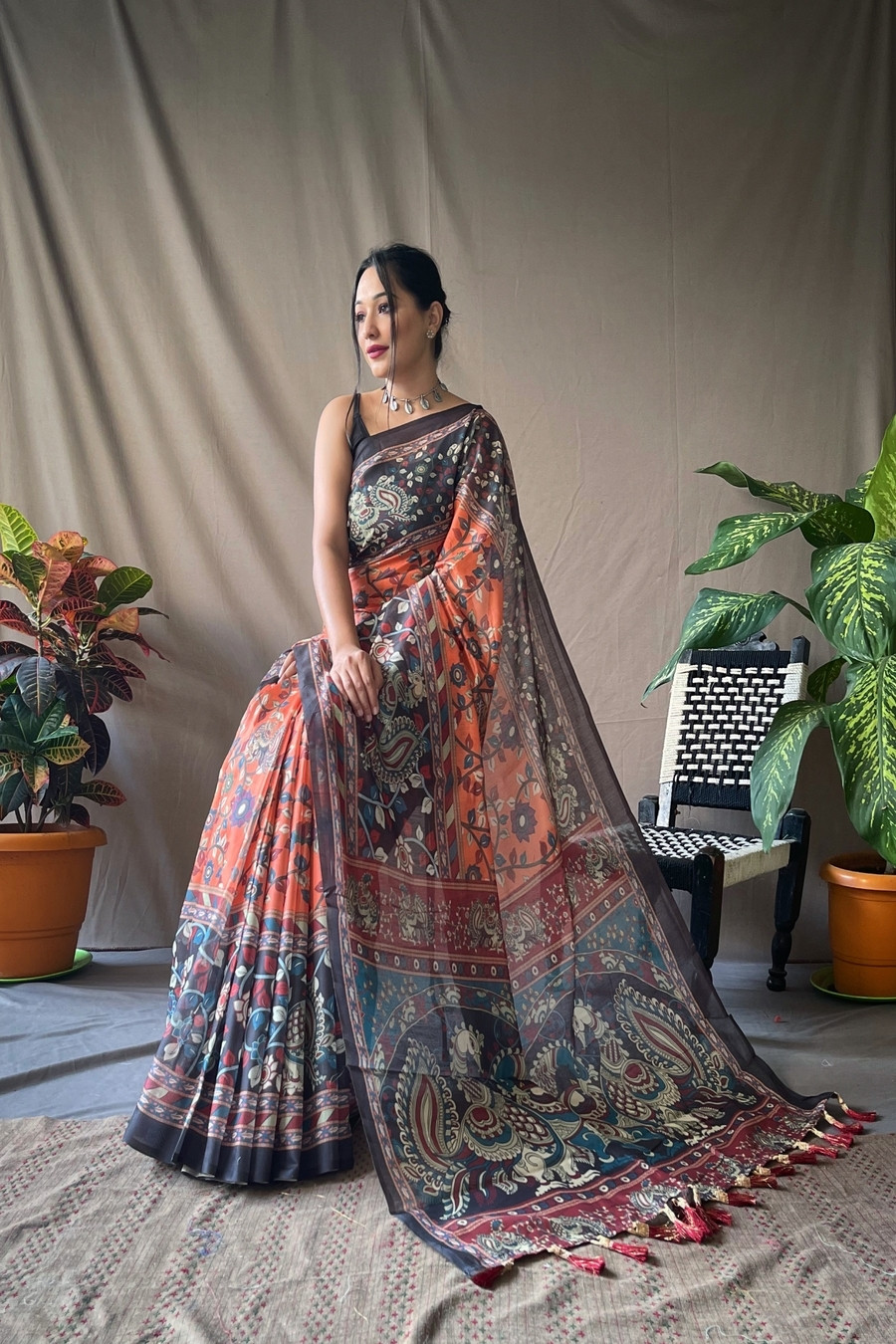 Pure Cotton Kalamkari Digital Printed Saree with Tassels-Orange,Multi 