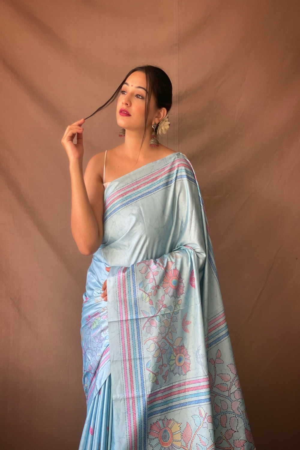 Kanjeevaram Soft Silk Sarees with Beautiful Katha Prints - Sky Blue