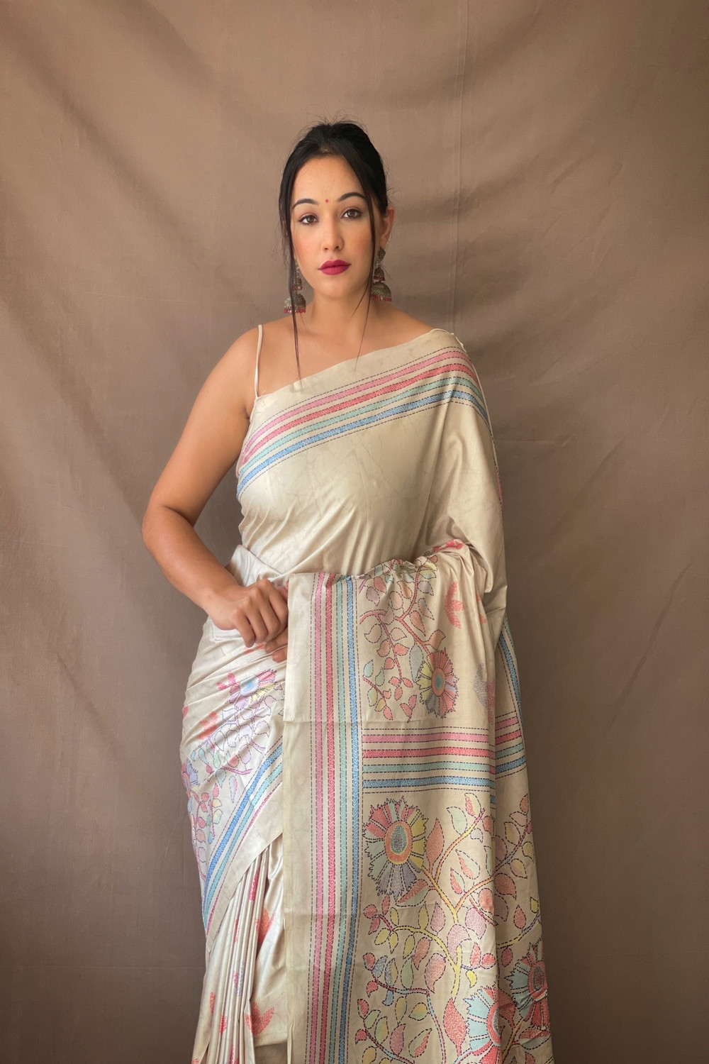 Kanjeevaram Soft Silk Sarees with Beautiful Katha Prints - Pistachio