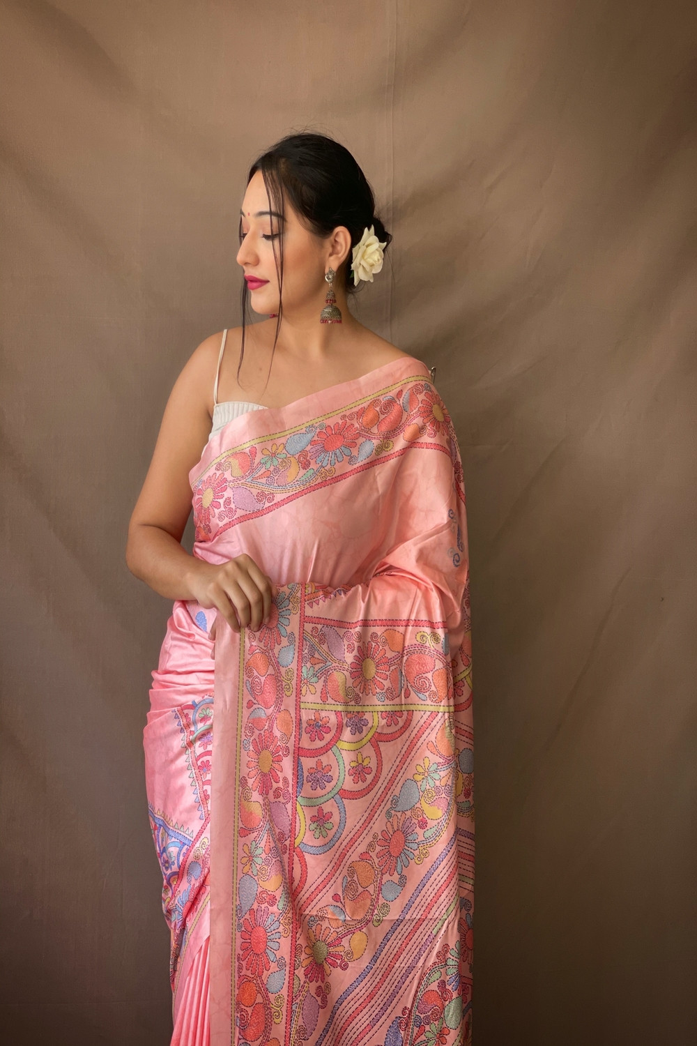Kanjeevaram Soft Silk Sarees with Beautiful Katha Prints - Light Pink