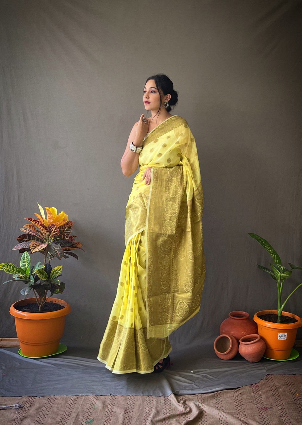 Pure Linen Silk Sarees with Copper Zari motifs and Rich Pallu - Yellow