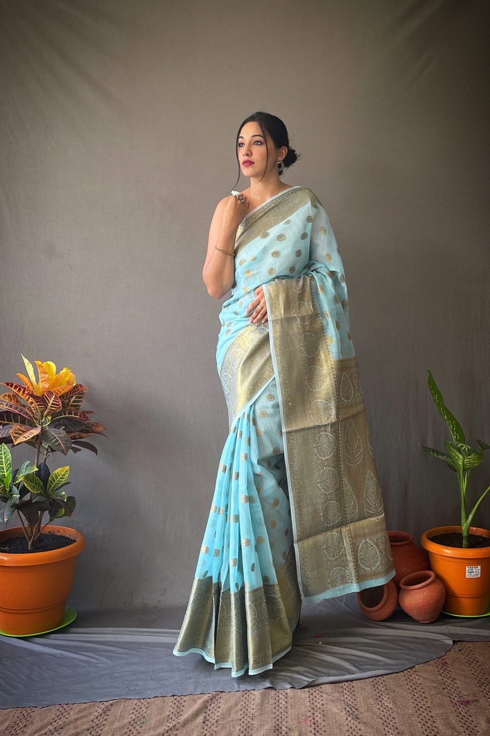 Pure Linen Silk Sarees with Copper Zari motifs and Rich Pallu-Sky Blue