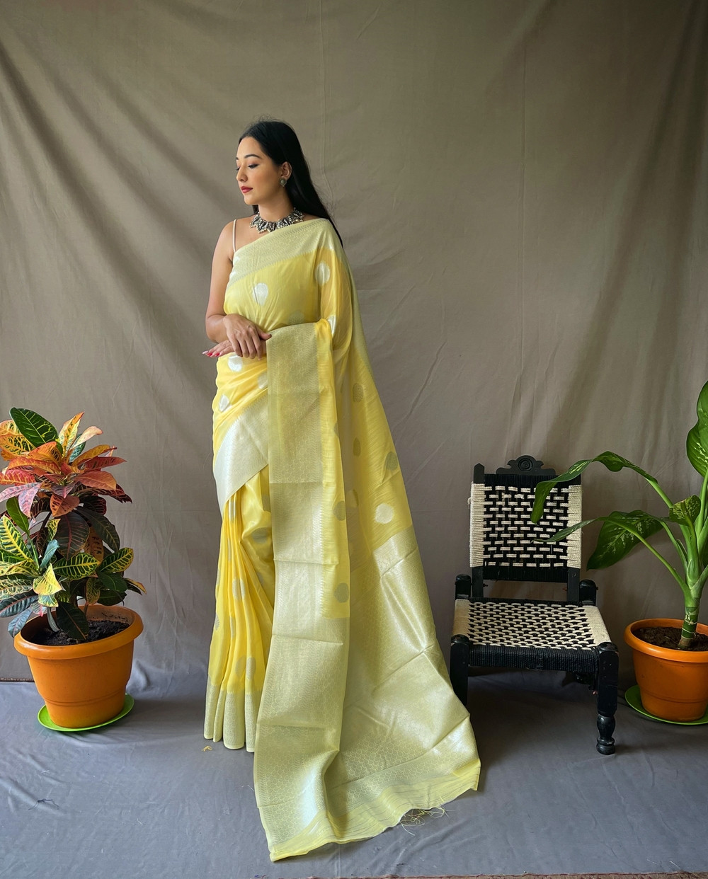 Pure Linen Silk Sarees with Silver Zari motifs and Rich Pallu - Yellow