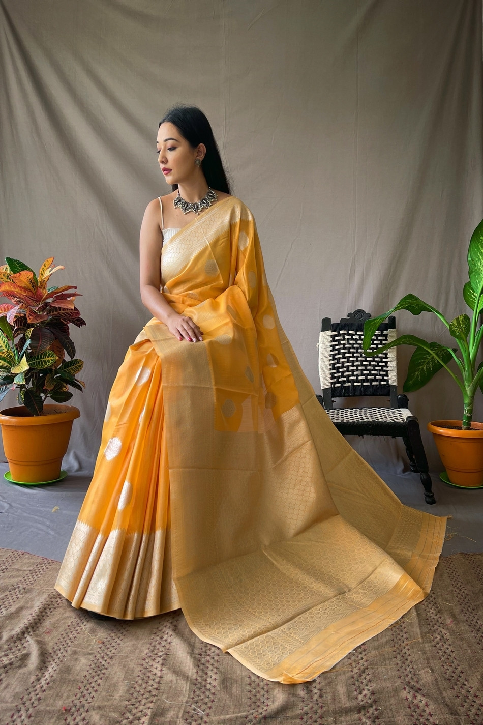 Pure Linen Silk Sarees with Silver Zari motifs and Rich Pallu - Orange