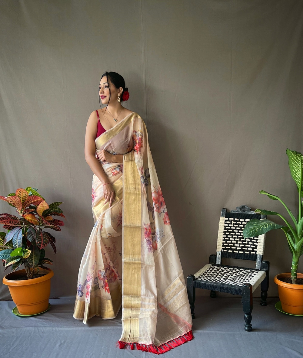 Organza floral printed saree with zari pallu & jacquard border- Gold