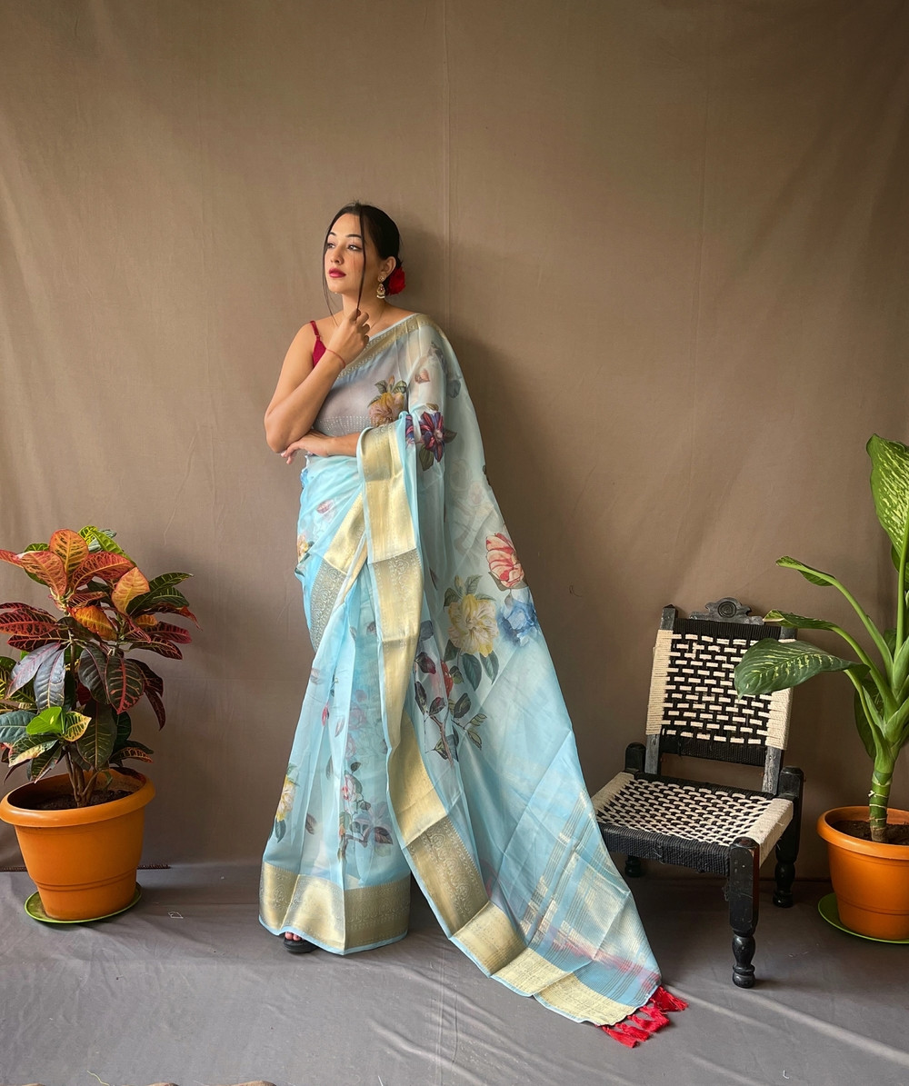 Organza floral printed saree with zari pallu & jacquard border-SkyBlue