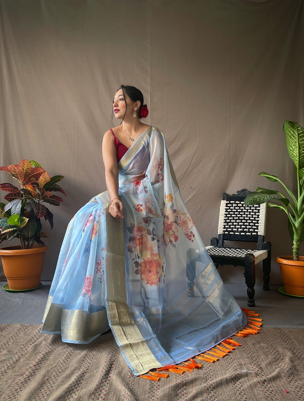 Organza floral printed saree with zari pallu & jacquard border- Blue