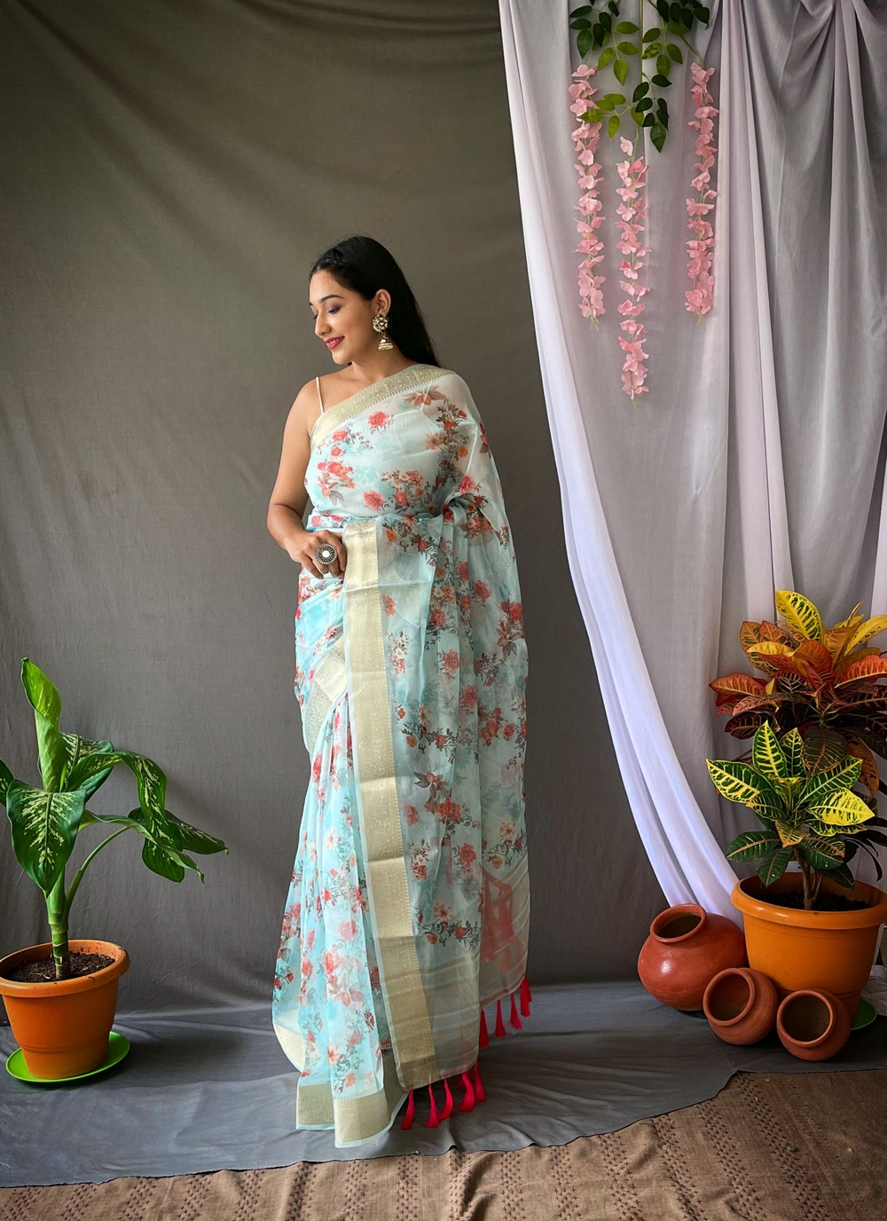 Organza floral printed saree with zari pallu & jacquard border- Green